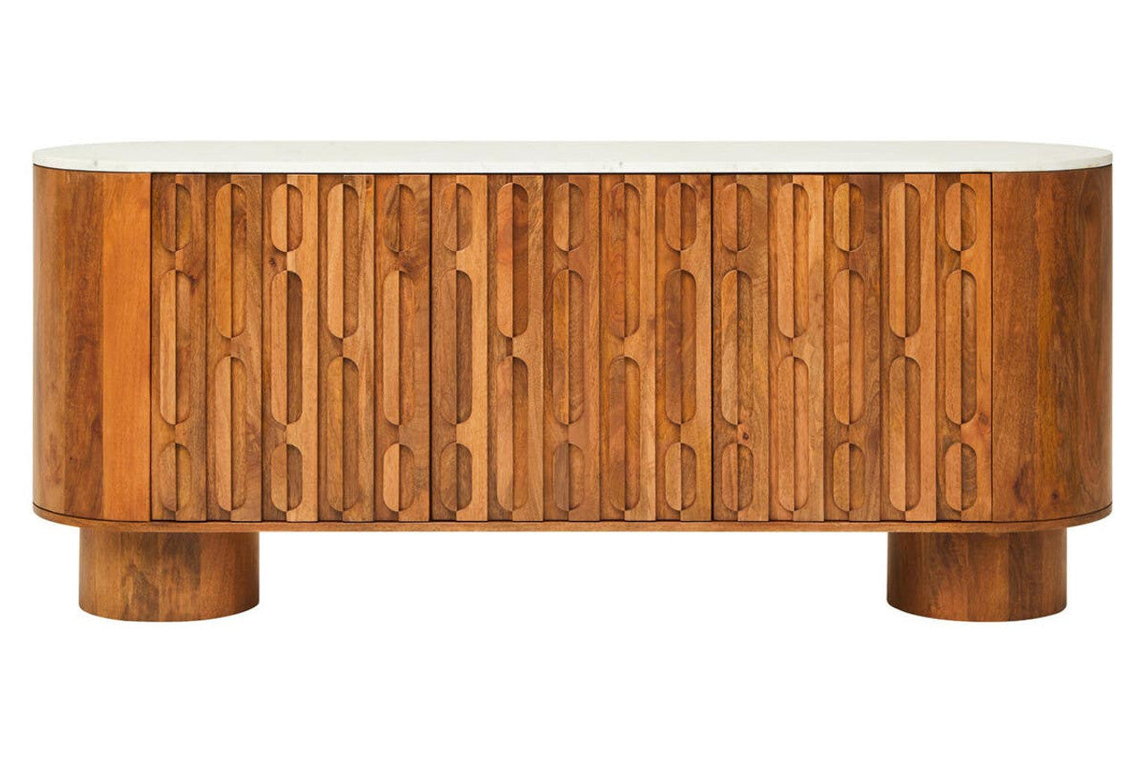 Torcino Mango Wood Carved Design Marble Top Three Door Sideboard