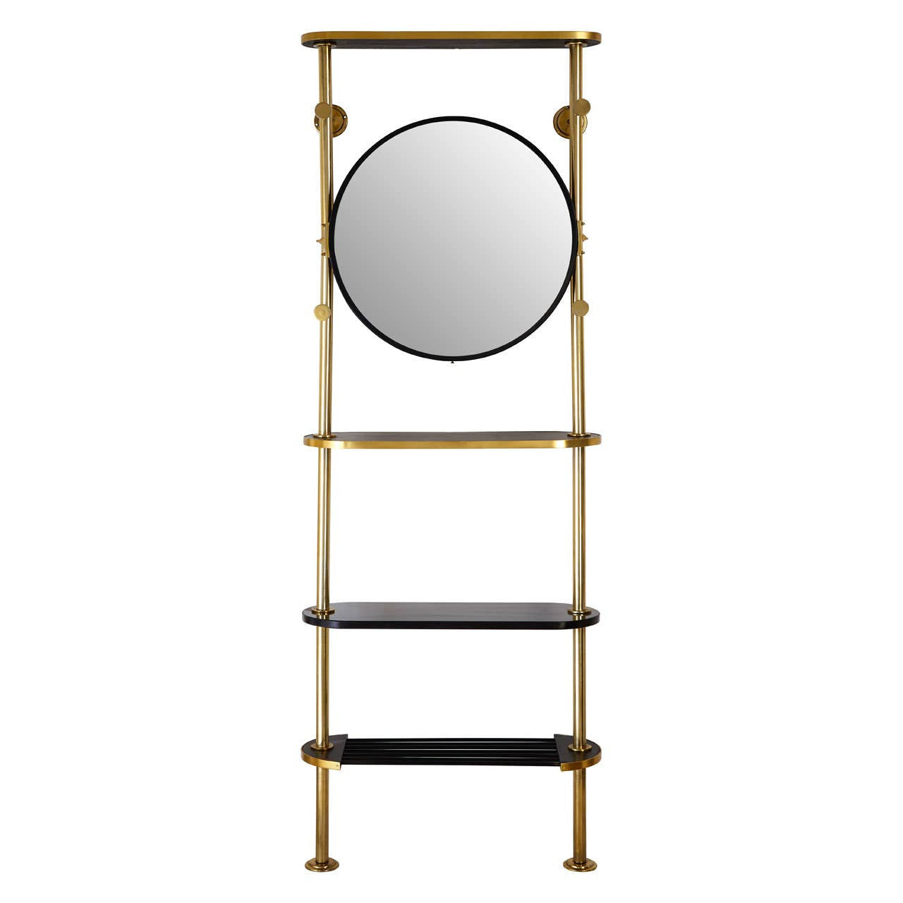Hawkes Antique Brass Mirror with Coat Hooks and Shelves