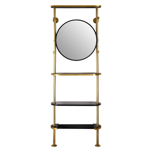 Hawkes Antique Brass Mirror with Coat Hooks and Shelves