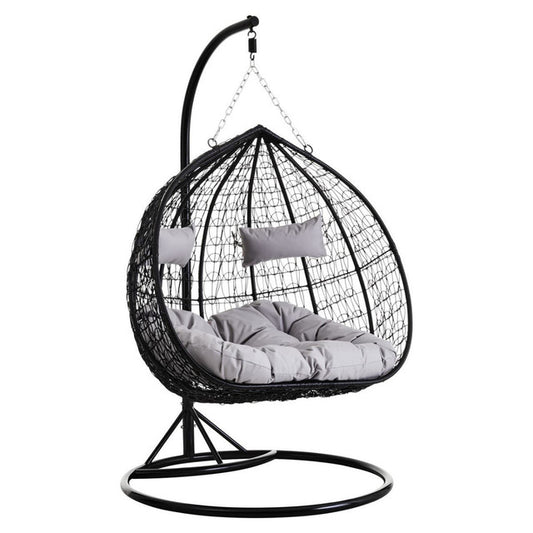 Goa Black Rattan Effect Double Hanging Chair With Grey Cushions
